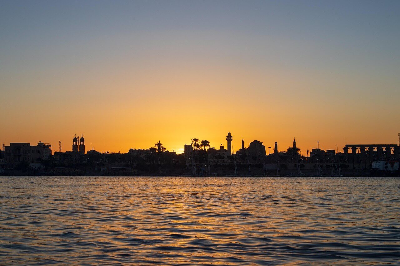 Luxor Temple at sunset on the Nile River