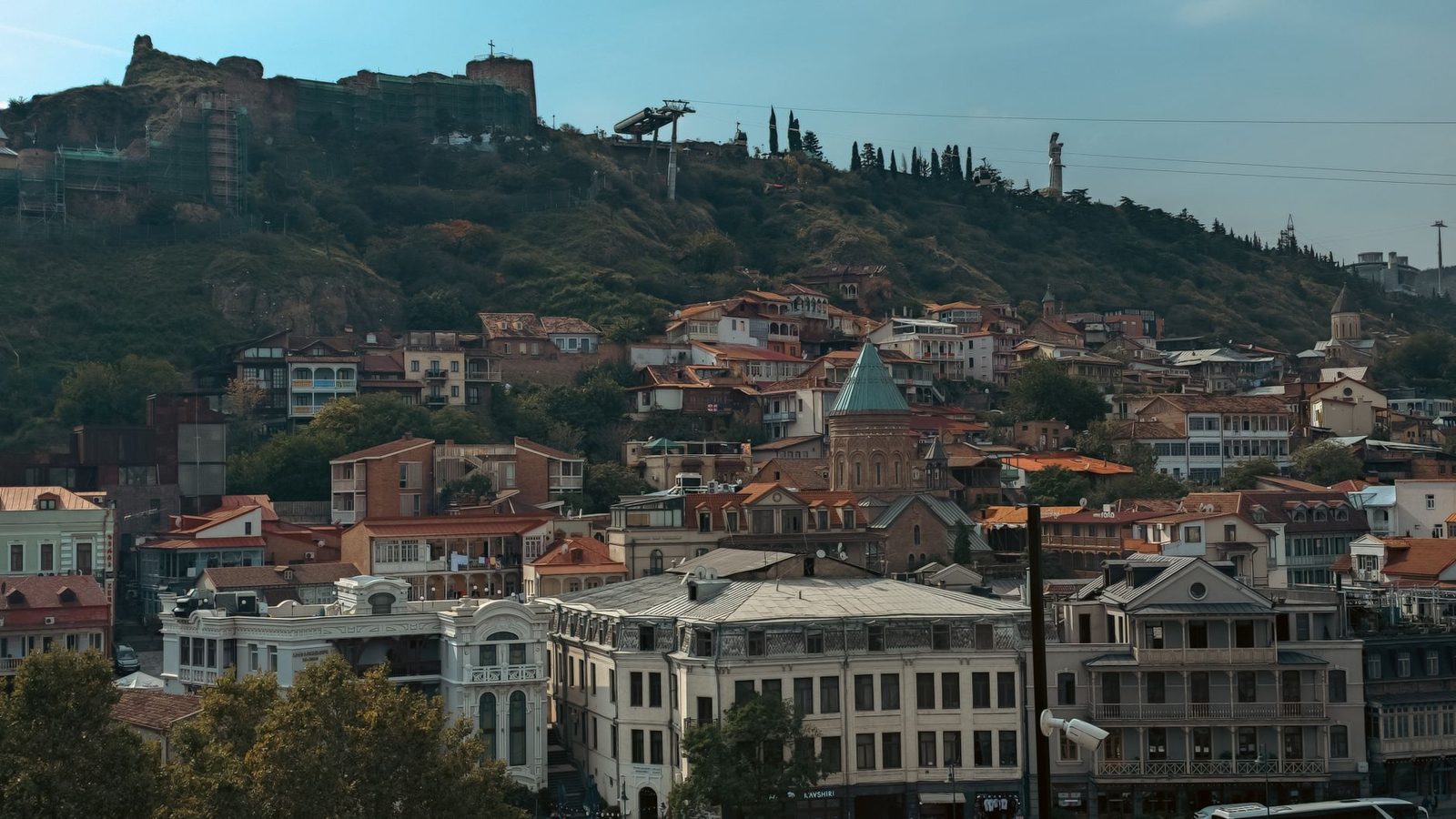 Narikala fortress overlooking Tbilisi's sulfur bath district with thermal baths