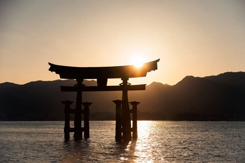 Early morning view of the torii gate at Miyajima Island, Japan