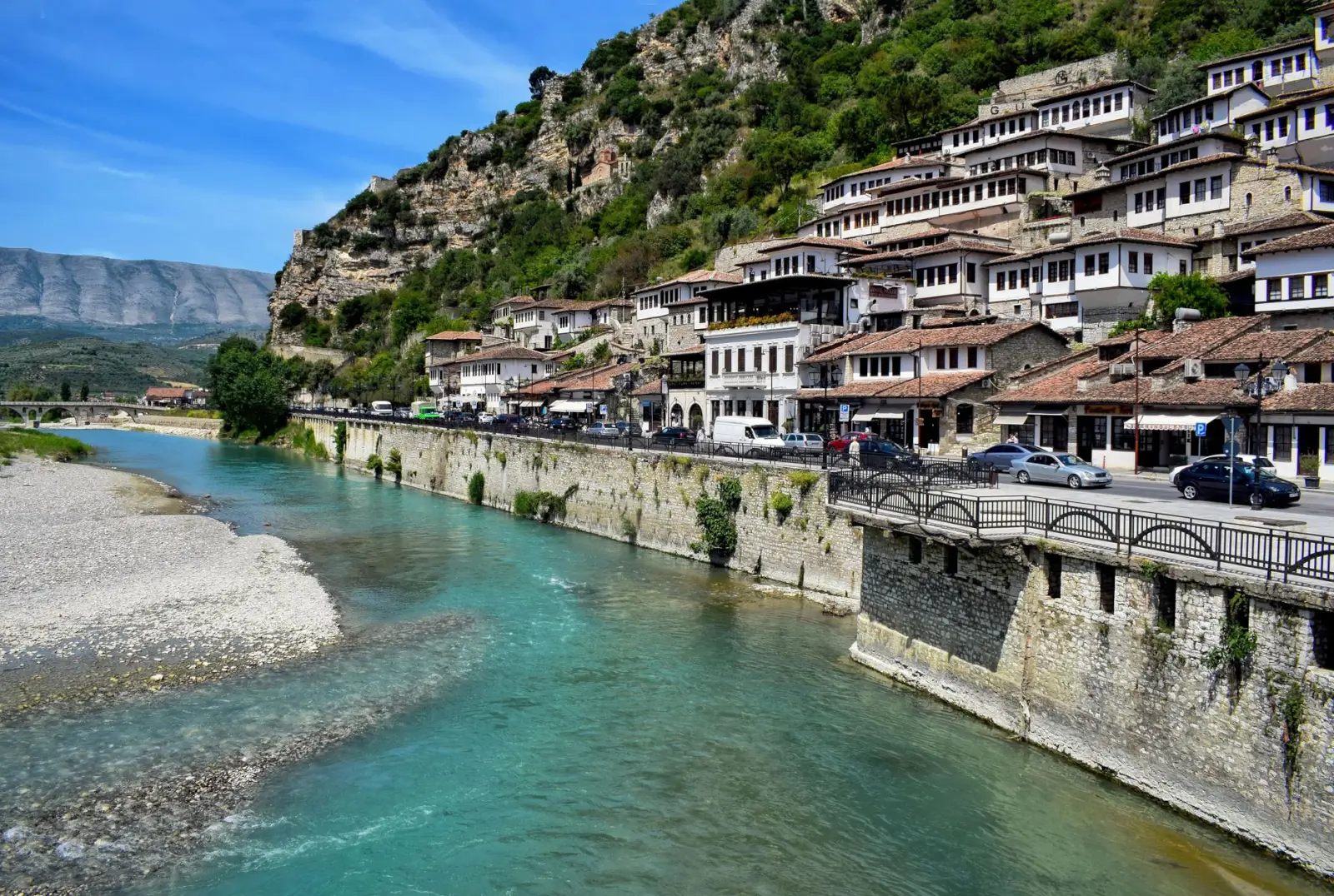 Berat Albania white city river bridge